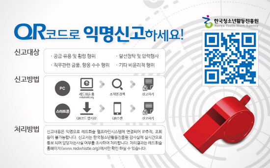 한국청소년활동진흥원(KYWA)은 6월부터 익명 공익신고시스템을 도입, 시행하기로 하고 전 직원에게 ‘익명신고 QR코드 클린명함’(사진)을 나눠줄 예정이다.