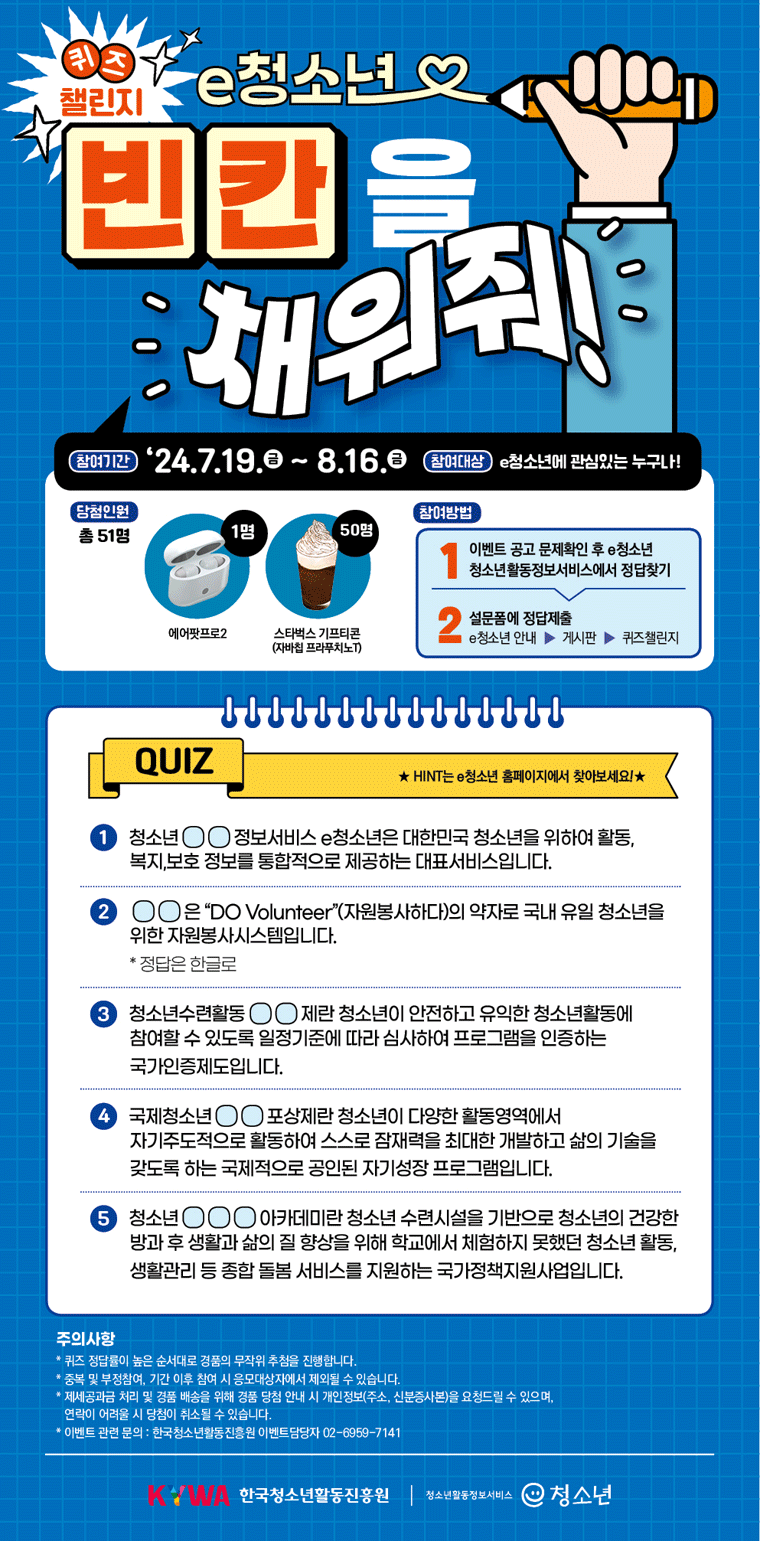 퀴즈챌린지 e청소년 빈칸을 채워줘 참여기간 '24.7.19(금)~8.16.(금) 참여대상 e청소년에 괌심있는 누구나! 1명 에어팟프로 50명 스타벅스 기프티콘(자바칩 프라푸치노T) 참여방법 1.이벤트 공고 문제확인 후 e청소년 청소년활동정보서비스에서 정답찾기 2. 설문폼에 정답제출 e청소년 안내> 게시판>퀴즈챌린지 QUIZ 힌트는 e청소년 홈페이지에서 찾아보세요!★  ① 청소년(활동)정보서비스 e청소년은 대한민국 청소년을 위하여 활동, 복지, 보호 정보를 통합적으로 제공하는 대표서비스입니다. ②(빈칸)은“Do Volunteer”(자원봉사 하다)의 약자로 국내 유일 청소년을 위한 자원봉사시스템입니다. ③청소년수련활동(빈칸)제란 청소년이 안전하고 유익한 청소년활동에 참여할 수 있도록 일정기준에 따라 심사하여 프로그램을 인증하는 국가인증제도입니다. ④국제청소년(빈칸)포상제란 청소년이 다양한 활동영역에서 자기주도적으로 활동하여 스스로 잠재력을 최대한 개발하고 삶의 기술을 갖도록 하는 국제적으로 공인된 자기성장 프로그램입니다. ⑤ 청소년(빈칸)아카데미란 청소년 수련시설을 기반으로 청소년의 건강한 방과 후 생활과 삶의 질 향상을 위해 학교에서 체험하지 못했던 청소년 활동, 생활관리 등 종합 돌봄 서비스를 지원하는 국가정책지원사업입니다. 주의사항 퀴즈 정답률이 높은 순서대로 경품의 무작위 추첨을 진행합니다. 중복 및 부정참여, 기간 이후 참여 시 응모대상자에서 제외될 수 있습니다. 제세공과금 처리 및 경품배송을 위해 경품 당첨 안내 시 개잉ㄴ정보(주소,신분증사본)을 요청드릴 수 있으며, 연락이 어려울 시 당첨이 취소될 수 있습니다. 이벤트 관련 문의 : 청소년활동진흥원 이벤트 담당자 02-6959-7141 KYWA한국청소년활동진흥원 청소년활동정보서비스 e청소년